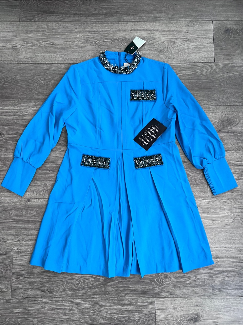 TUCKERNUCK Hoyt Embellished Mini Dress Large Blue Beaded Crystal Preppy Cocktail